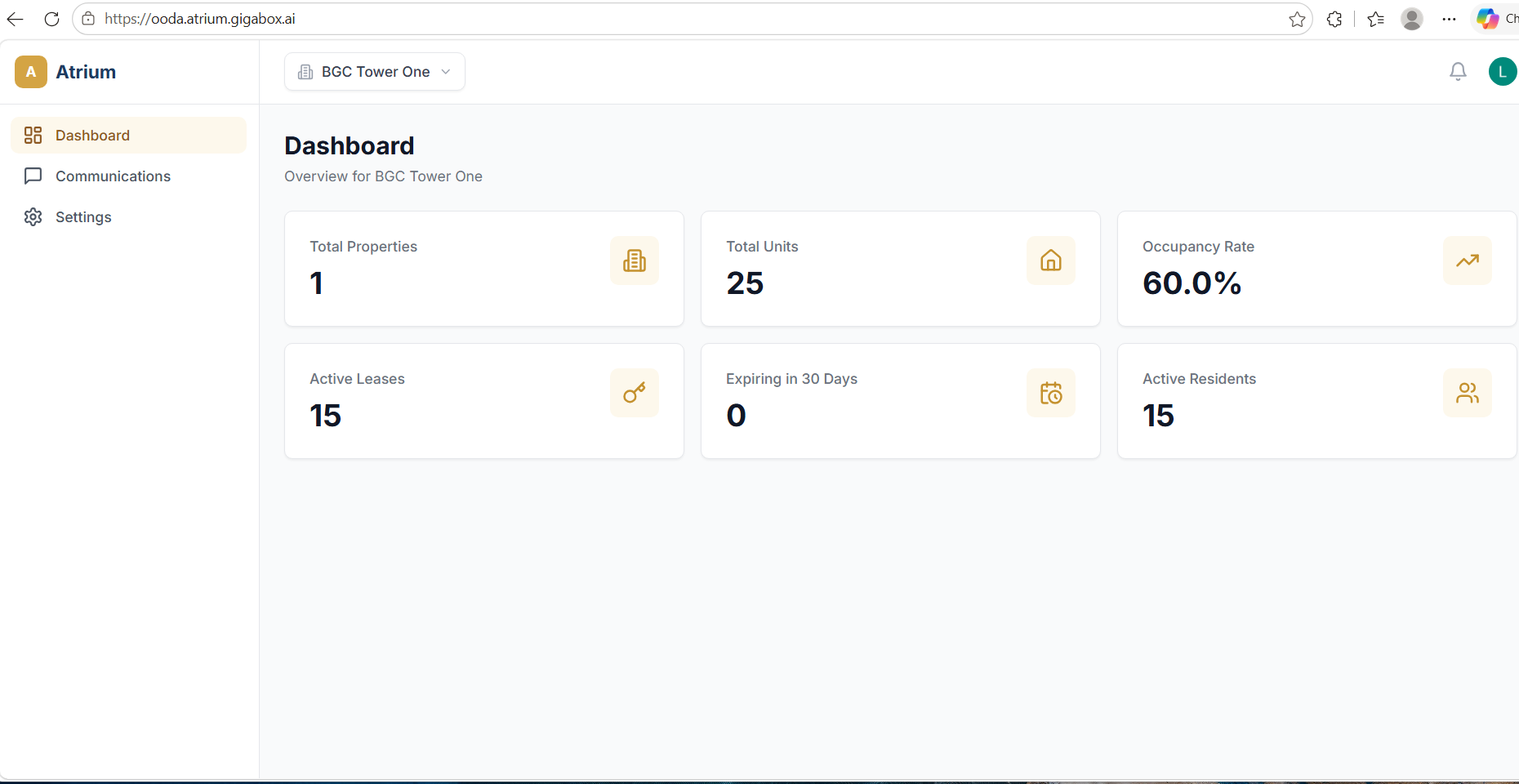 Atrium dashboard showing property overview with occupancy rates, active leases, and resident counts